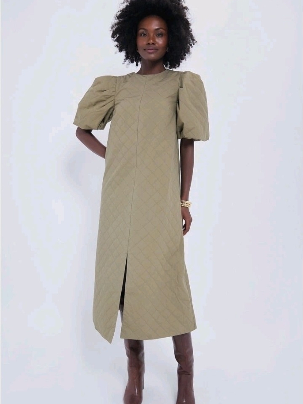 Hyacinth House Quilted Olive Puff-Sleeve Midi Dress with Front Slit - Size XL